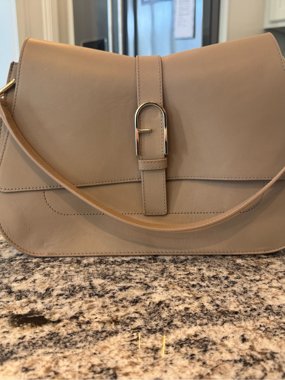 Furla Taupe Leather Crossbody with Gold Buckle
